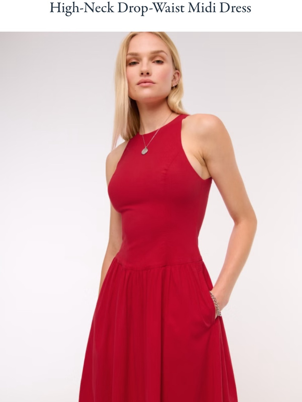 AF BEST SELLER - High-Neck Drop-Waist Midi Dress with pockets - Vivid Red